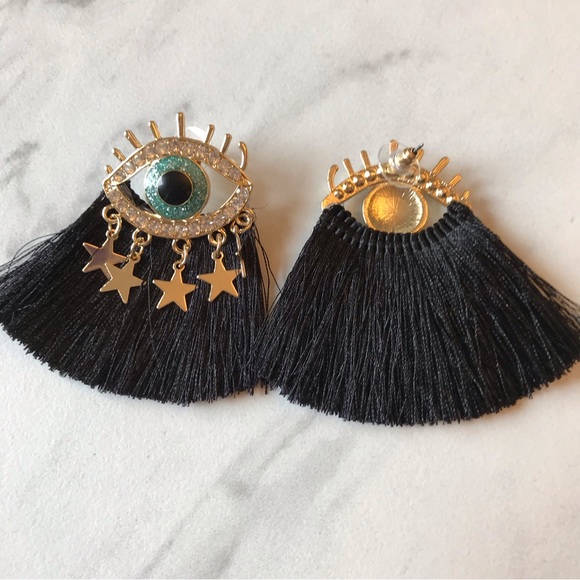 Black Third Eye Tassel Earrings - Picture 3 of 3